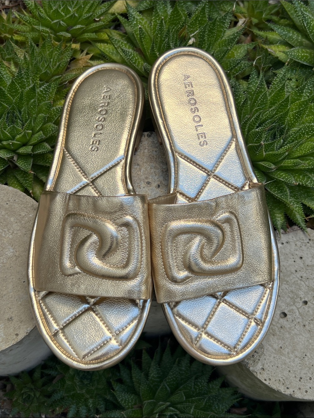 AEROSOLES Metallic Gold Quilted Jilda Slide Sandals